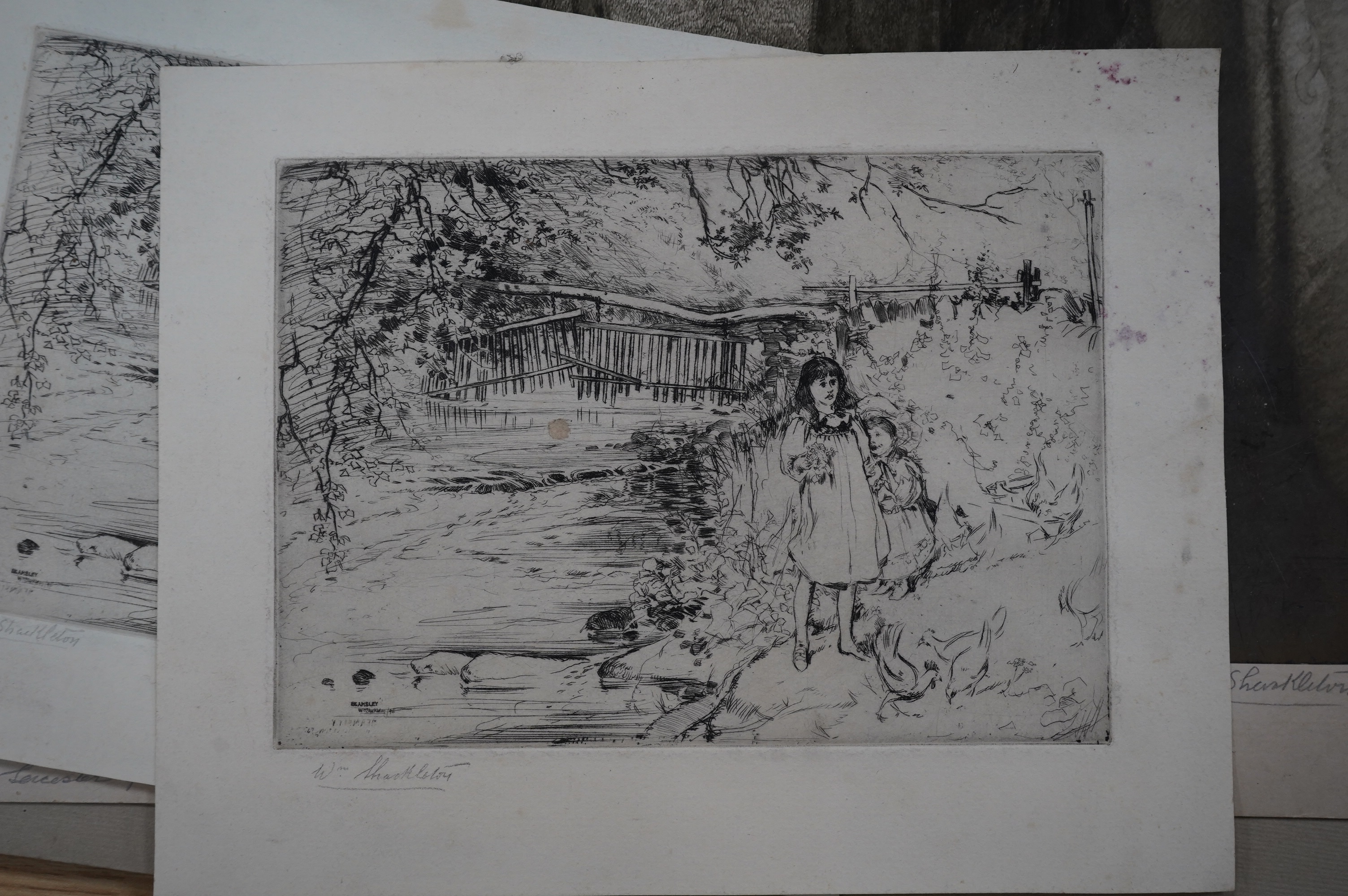 William Shackleton (1872–1933), collection of black and white photographic prints, archive photos and two etchings (Beamsley) including 'Portrait of my wife', some signed and inscribed in pencil, largest 40 x 34cm. Condi
